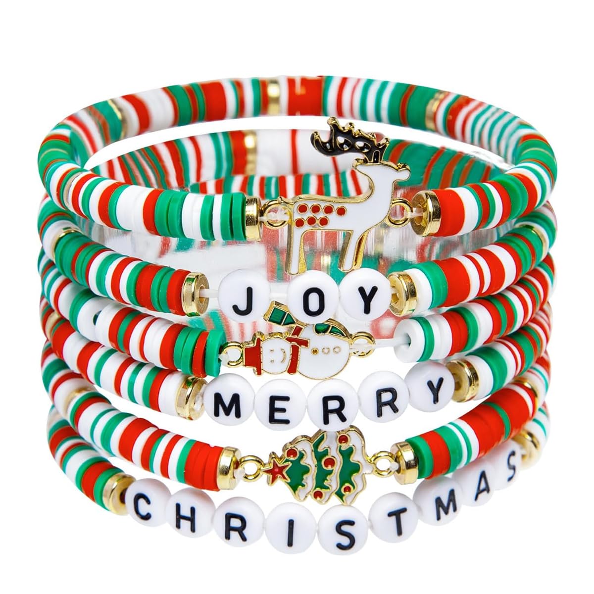 SANNIDHI® Christmas Bracelets Set of 6Pcs Colorful Clay Beads Bracelet Christmas Bracelet Chrismas Gift Bracelets Chrismas Beading Jewelry for Families, Sisters, Girls