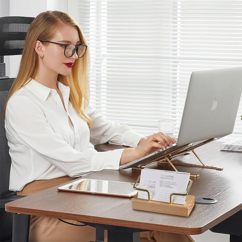 OFIFO Business Card Holder Stand for Office Desk featuring Golden Wire and Wooden Base | Fits 70 Cards 4.33x1.81x2.05 in