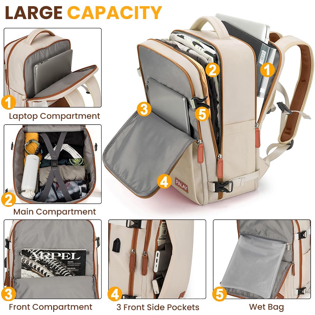 PALAY Travel Laptop Backpack 40L for 15.6 Inch Devices with Double Layer Design and Waterproof Beige Oxford Cloth