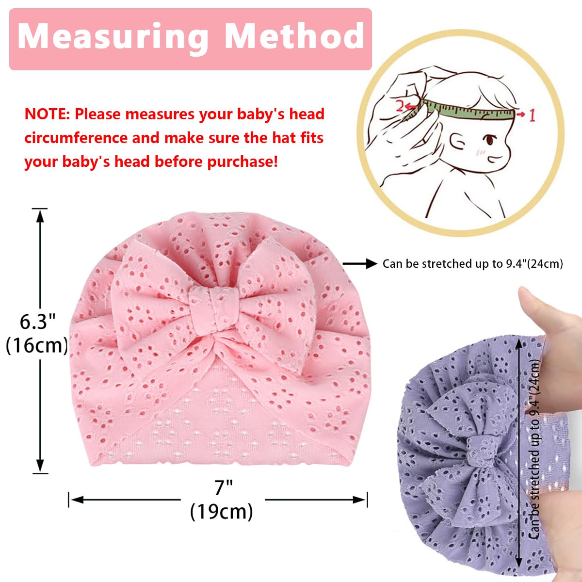 PALAY Baby Cap Set for 3–18 Months with Big Bow and Stretchy Fabric | Soft Turban Hats