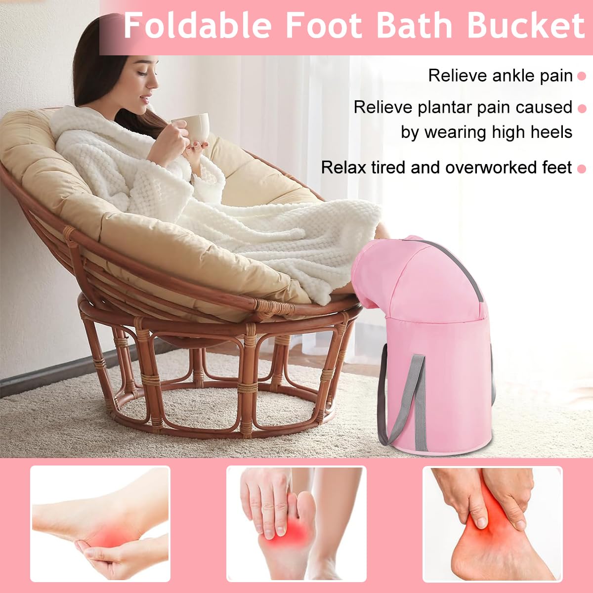 HANNEA Collapsible Foot Soaking Bath Basin for Travel and Home Use featuring Overknee Design | Foldable Insulated Pink Spa Tub
