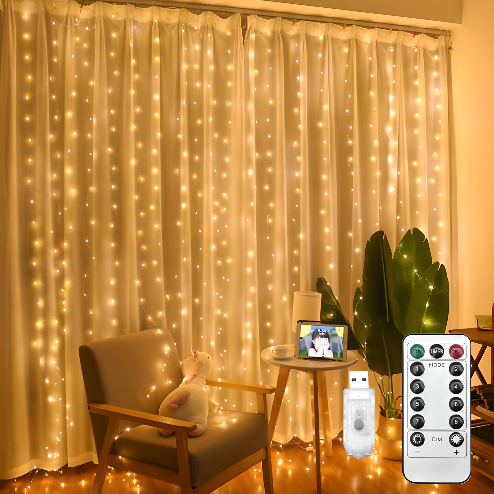 ELEPHANTBOAT® Curtain Lights for Decoration of Christmas, 300LEDs Diwali Lights for Balcony String Lights with 8 Modes Support Remote Control, Timer Setting Curtains Lights for Home Decoration