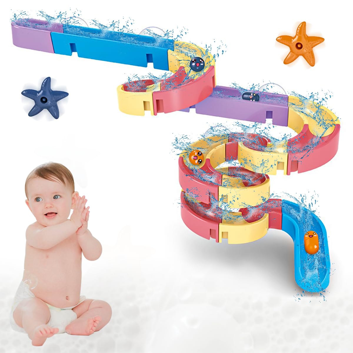 PATPAT® Slide Bath Toys for Baby for 0 - 3 Years, Colorful Water Toys for Kids Bath, Suction Cup Baby Bath Toys, DIY Kit Sliding Rail Toys with 2 Starfish, Baby Shower Gifts, Children's Day Gift