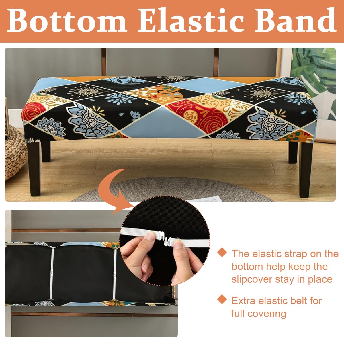 HASTHIP® Stretchy Bench Seat Cover Anti-scratch Dacron Cover for Living Room Bench Floral Print Bench Cover Leather Bench Seat Protector Cover for Piano Bench, Entryway Bench Anti-Dust Removable Bench