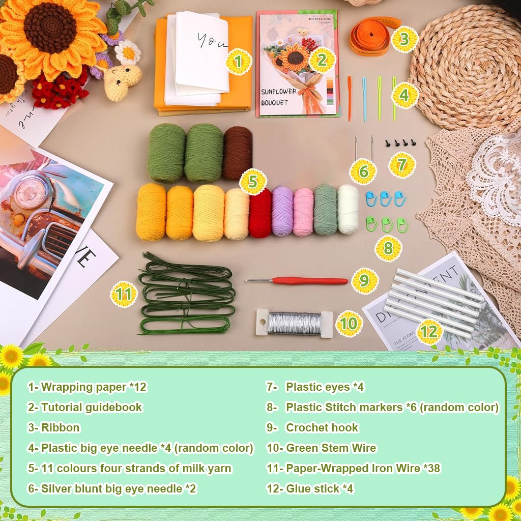 PATPAT DIY Crochet Kit for Sunflower Bouquet with Yarn Hooks and Tutorial | Home Decor Gift Set