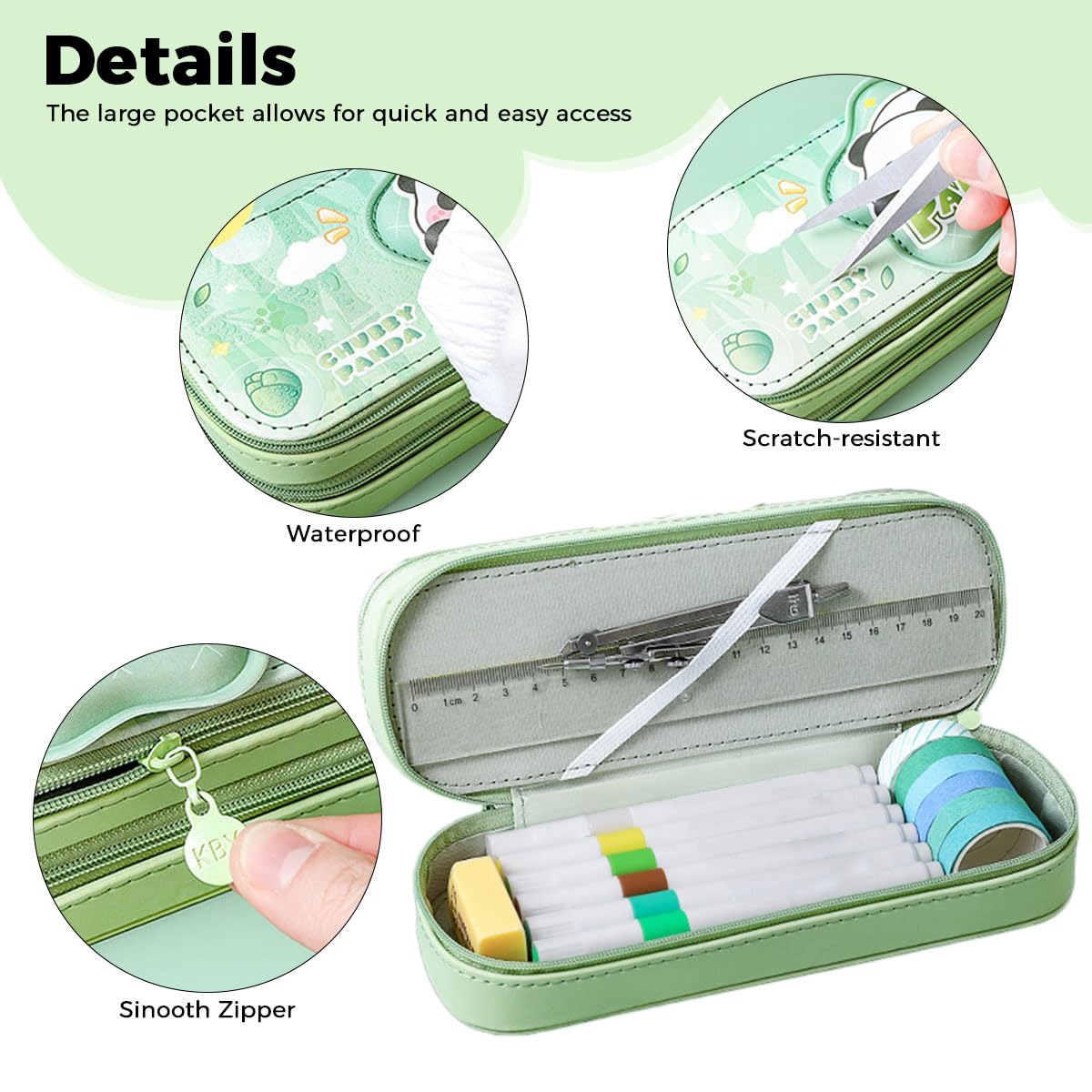 Zibuyu Pencil Box for Kids with Double Layer 22×7.5×7.5cm Design | Green Polyester Panda Organizer