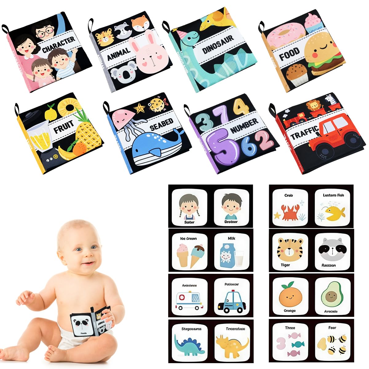 SNOWIE SOFT Cloth Books for Babies 8 pcs set with non toxic fabric and crinkle pages | sensory learning toys for toddlers