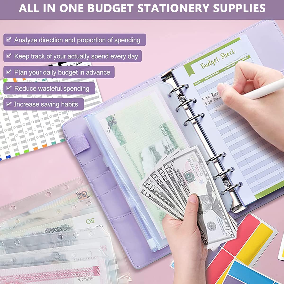 HASTHIP File Folder Ring Binder Notebook for Budget Organization with 6 Rings and 8 Envelopes | A6 PU Leather Purple Set