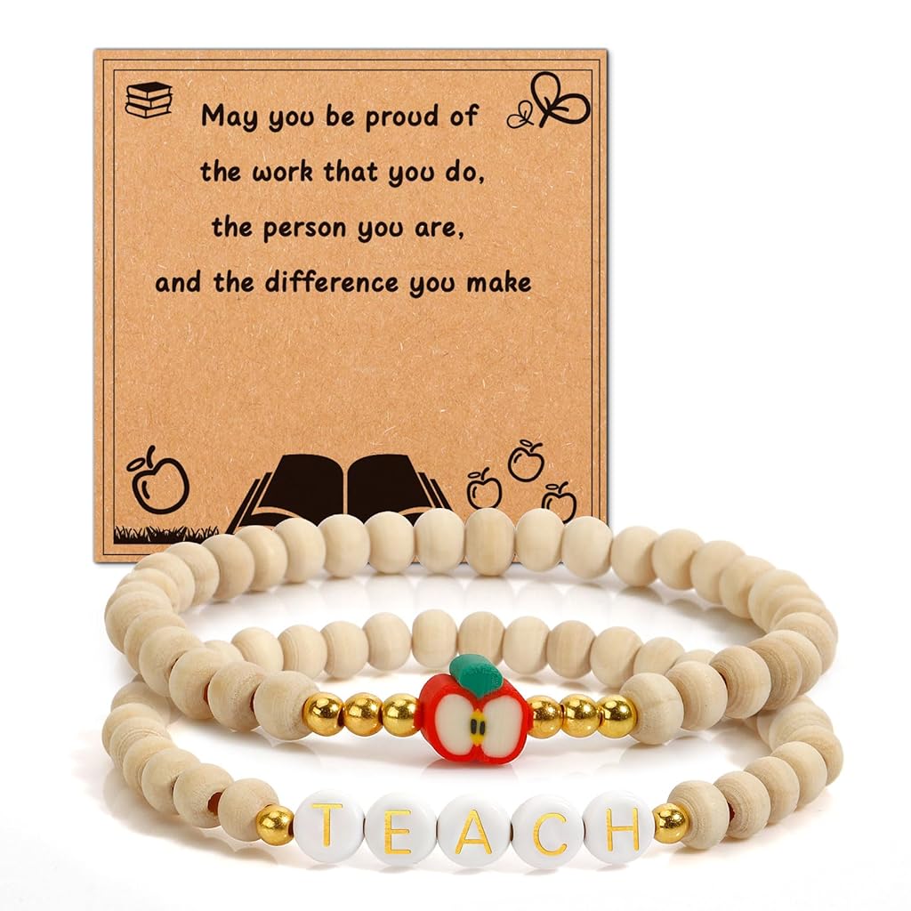 SANNIDHI® Gift Bracelets for Teacher, Set of 2Pcs Letter Charm Clay Bead Bracelet Charm Beads Bracet Thank You Gift Birthday Gift for Teacher