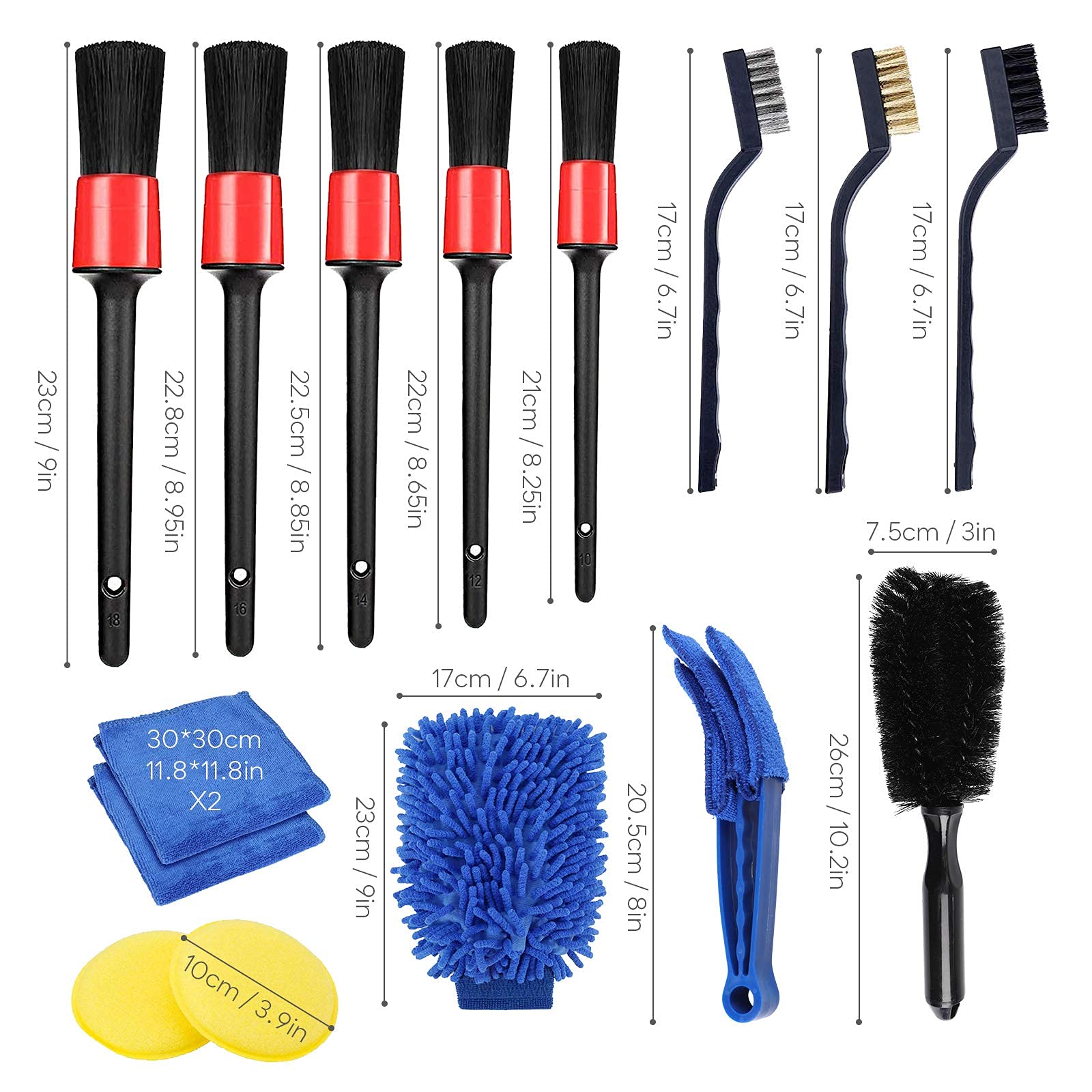 STHIRA® 15 Pcs Car Cleaning Brush Kit with 5 Pcs Different Size Detail Car Brushs,3 Pcs Wire Brushes,2Pcs,Blue Wash Towel,Wax Applicator Pads,1 Wash Glove, Air Vents Cleaning Brush