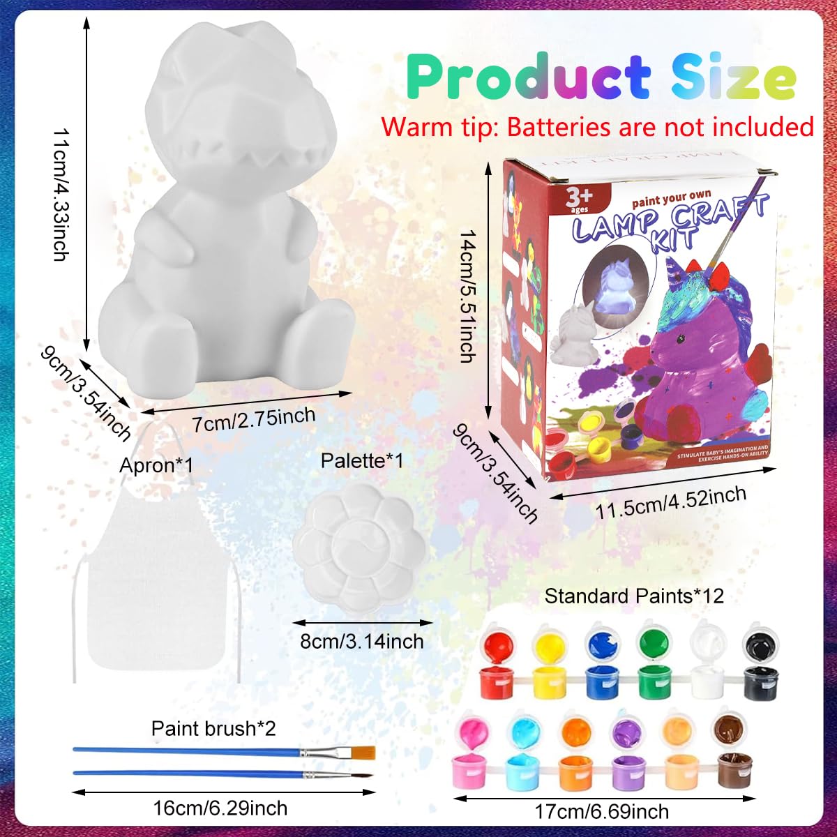PATPAT DIY Paint Your Own Dinosaur Lamp with 12 Color Paints for Kids & Teens | 4.3in Glow-in-the-Dark Craft Kit