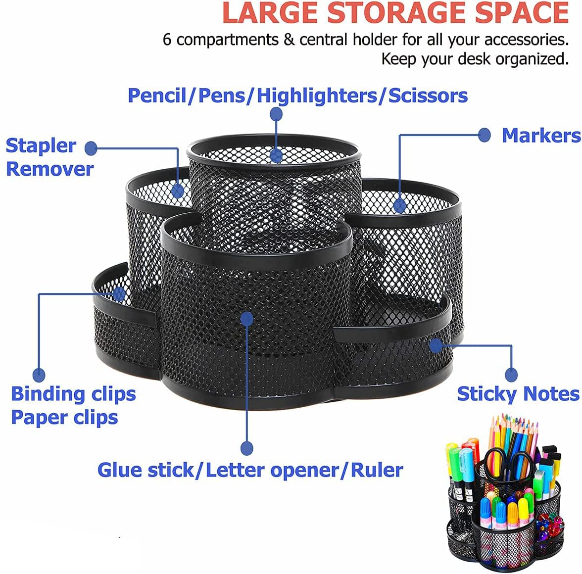 Zibuyu Desk Organizer for Office and Study Table with 7 Compartments | 360 Degree Rotating Black Pen Stand