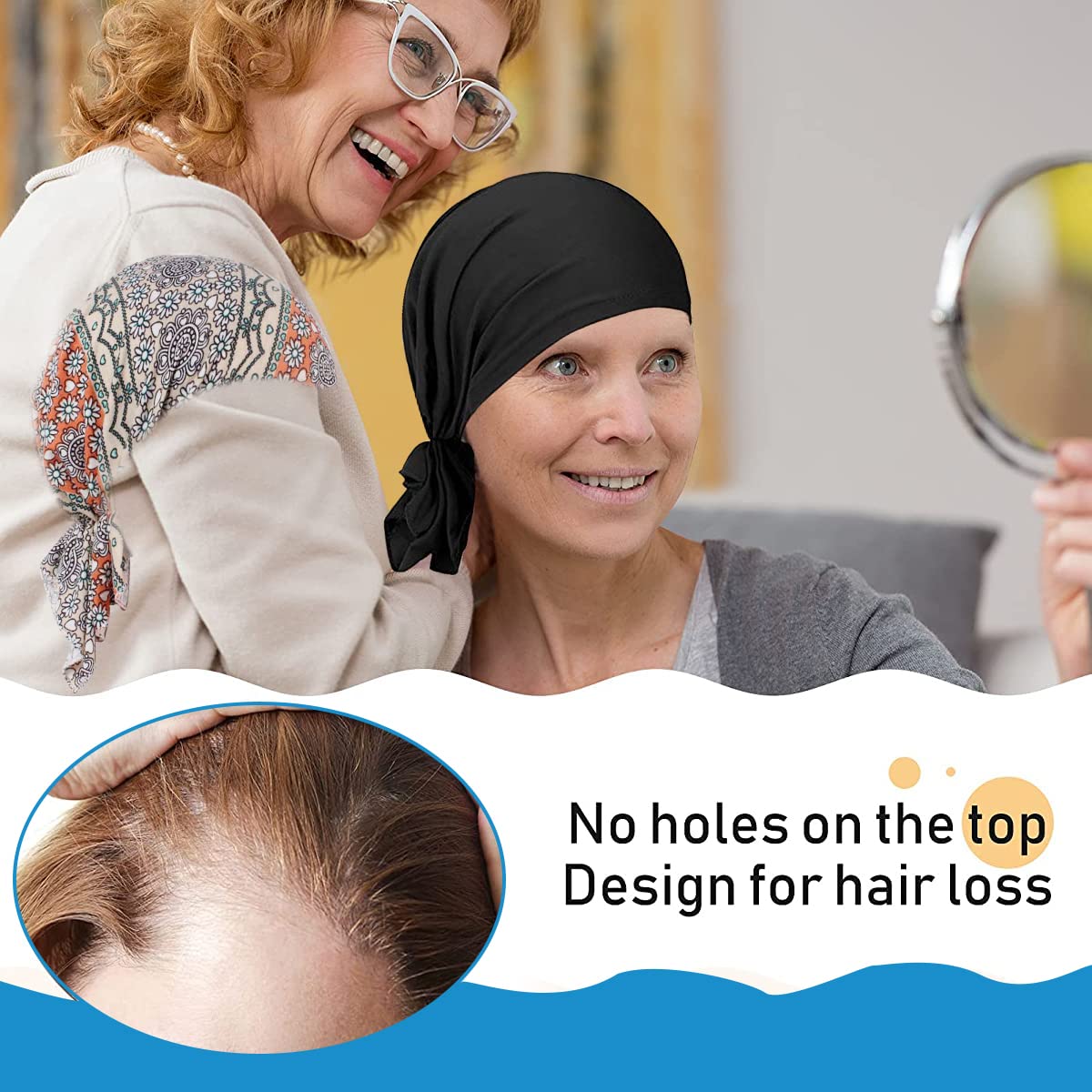 PALAY Cotton Chemo Caps for Women with Elastic Pre Tied Scarf and Stretchy Turban Beanie | Black and Grey