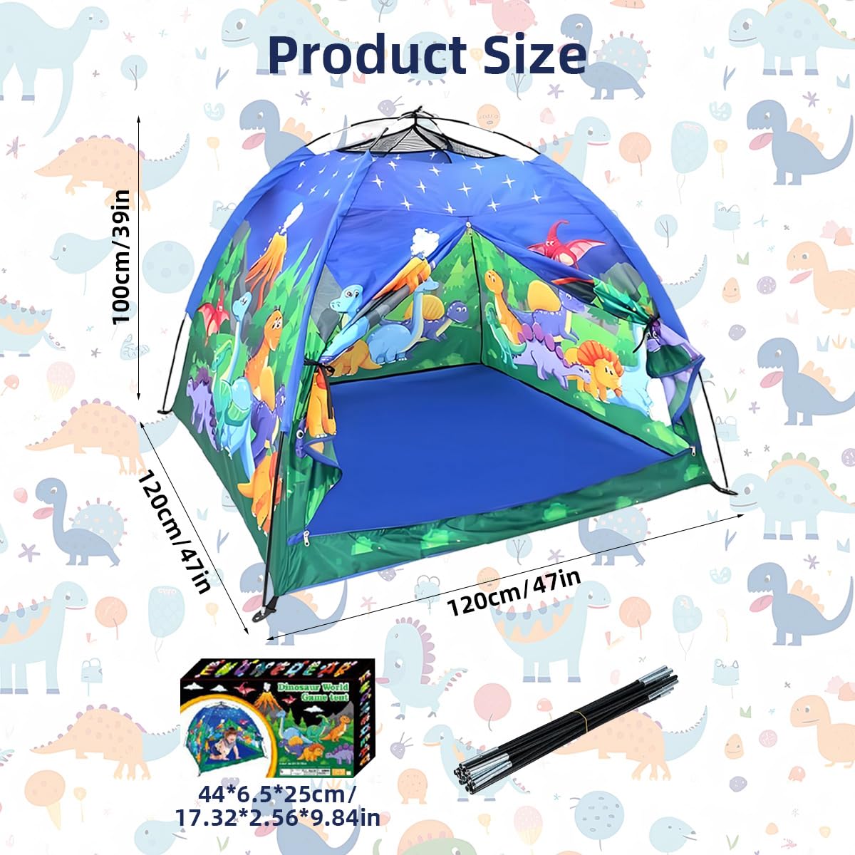 PATPAT Indoor Play Tent House for Kids featuring Breathable Mesh Roof 120x120x102cm | Cartoon Dinosaur Design