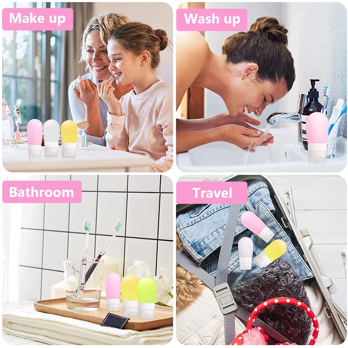 MAYCREATE Travel Bottles for Toiletries 60ml Set with Leakproof Lid and BPA Free Silicone | 4 Refillable Multicolour Containers