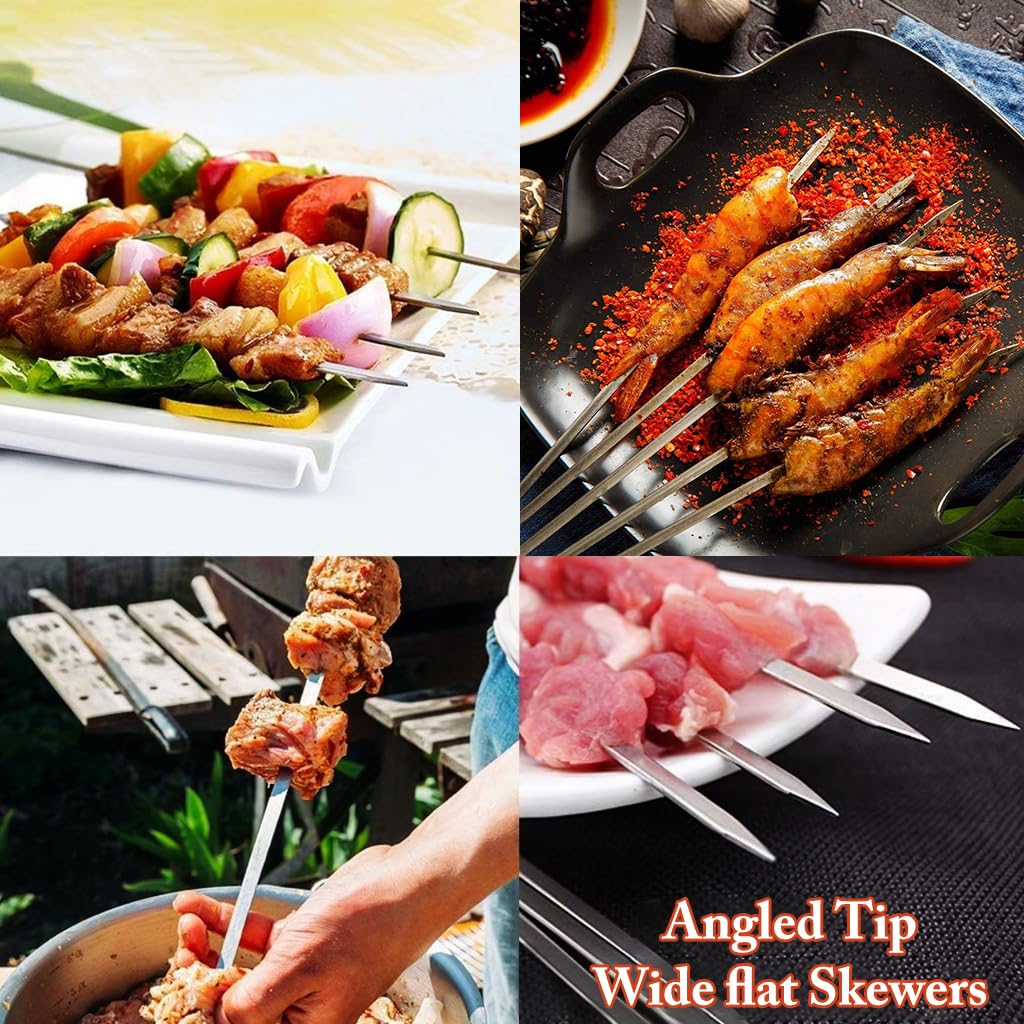 Venzina Steel Skewers for Grilling 35cm 10 Pcs with Curved Hooks and Flat Tips | Reusable BBQ Sticks