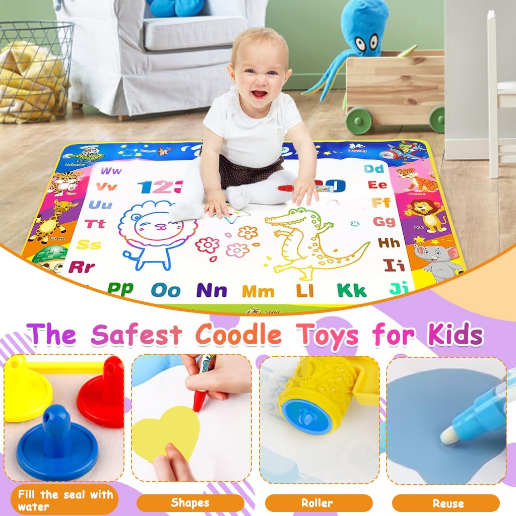 PATPAT Magic Water Doodle Mat for Kids with Water Pens Roller Stamps Templates 39.37 x 31.5 in