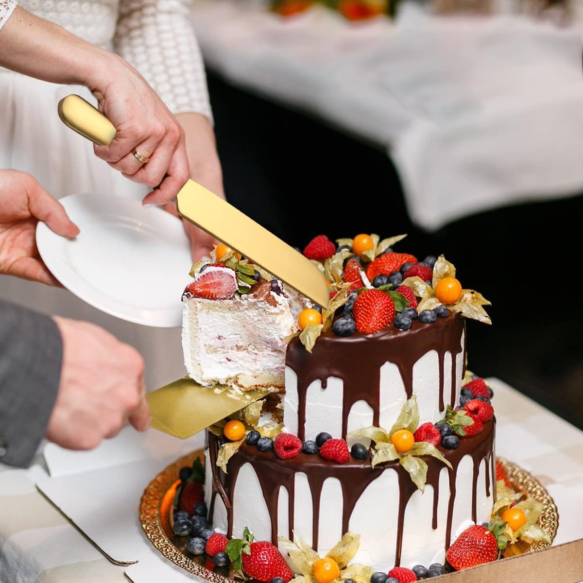 HASTHIP Cake Knife and Server Set for Weddings with Ergonomic Non Slip Handles | 3Pcs 9.29in Knife 8.8in Server 6.7in Spatula