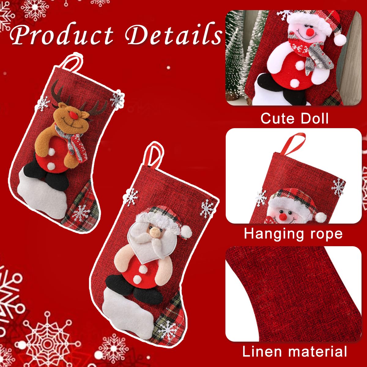 HASTHIP Christmas Stockings for Tree and Fireplace with 4 Designs and Sturdy Hanging Loops | 9×6.2 in Linen Socks