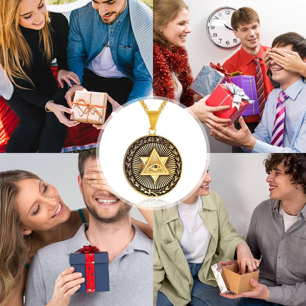 Proberos Eye of Providence Necklace featuring Embossed Golden Pendant for Men | Adjustable Alloy Chain