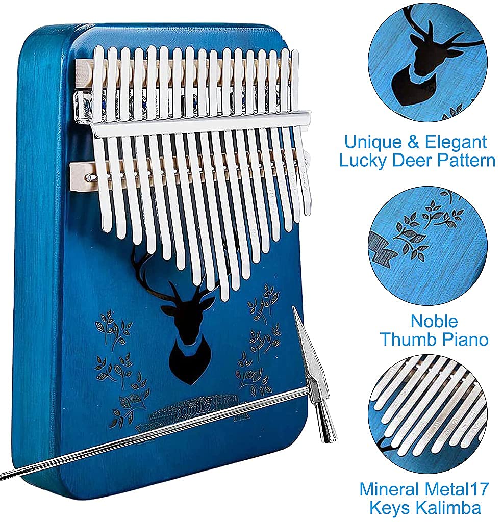 ELEPHANTBOAT  Blue Deer Kalimba, Mbira Thumb Piano Kalimba Musical Instrument with Learning Book, Tune Hammer,Cloth Bag, Sticker, Bilingual Instruction,Finger Covers,Christmas Gifts for Woman and Kids