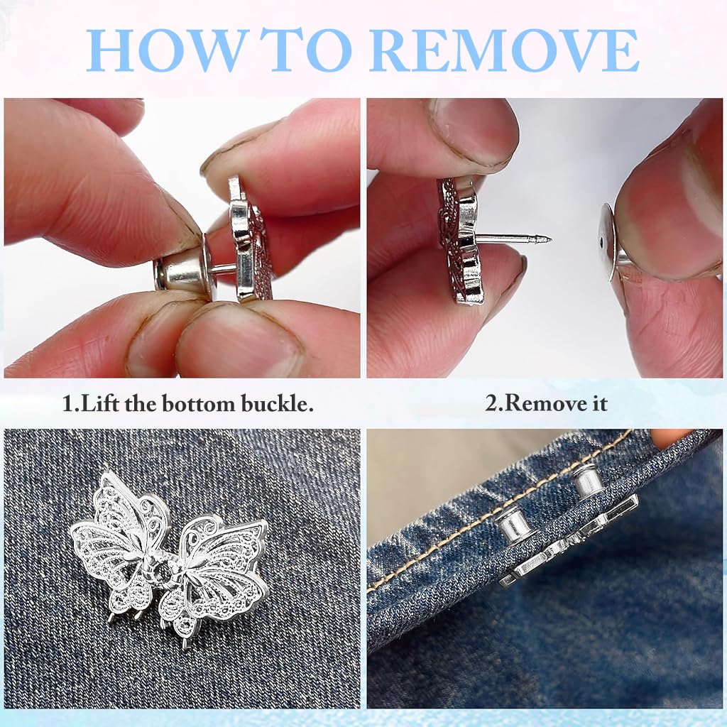 ZIBUYU Jeans Adjustable Button Pins for Waist Size Adjustment featuring Butterfly Design | 4 Pairs Alloy No Sewing Pins for Jeans and Skirts