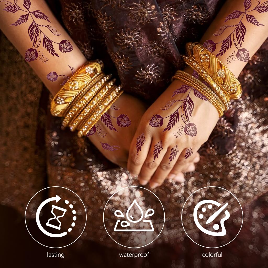 ZIBUYU Temporary Tattoo Stickers for Hands and Body with 6 Sheets Waterproof Design | Brown Lotus Mehndi for Women and Girls