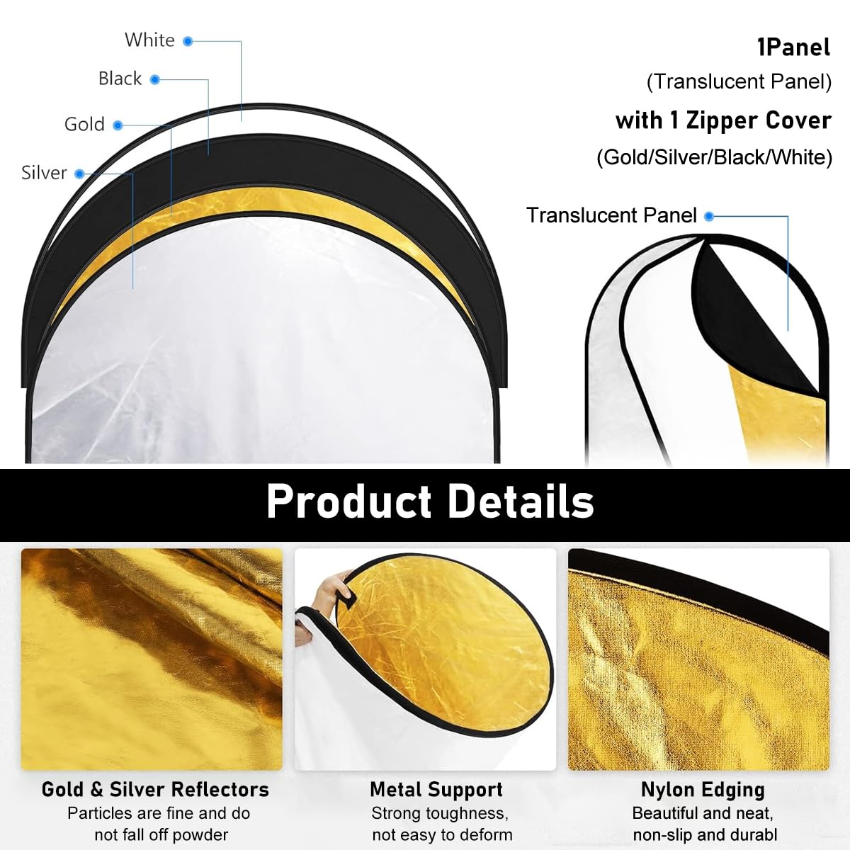 ZIBUYU Reflector Photography Kit for Studio and Outdoor Shots with 24x36 Foldable Design | Silver Gold White Black Translucent Diffuser