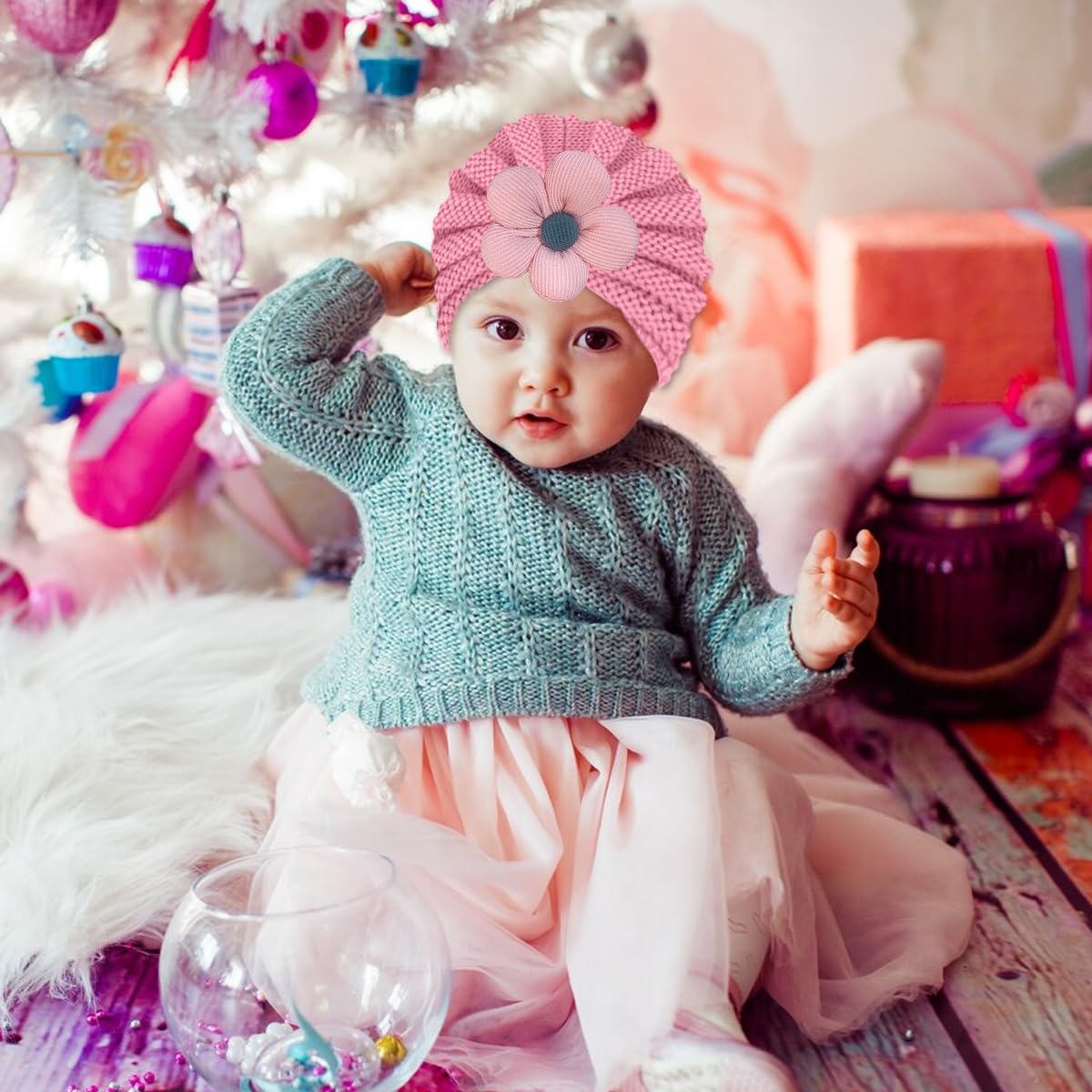 SNOWIE SOFT Baby Winter Hat Set for 0–2 Years with Stretchy Brim and Knitted Flower | Pink
