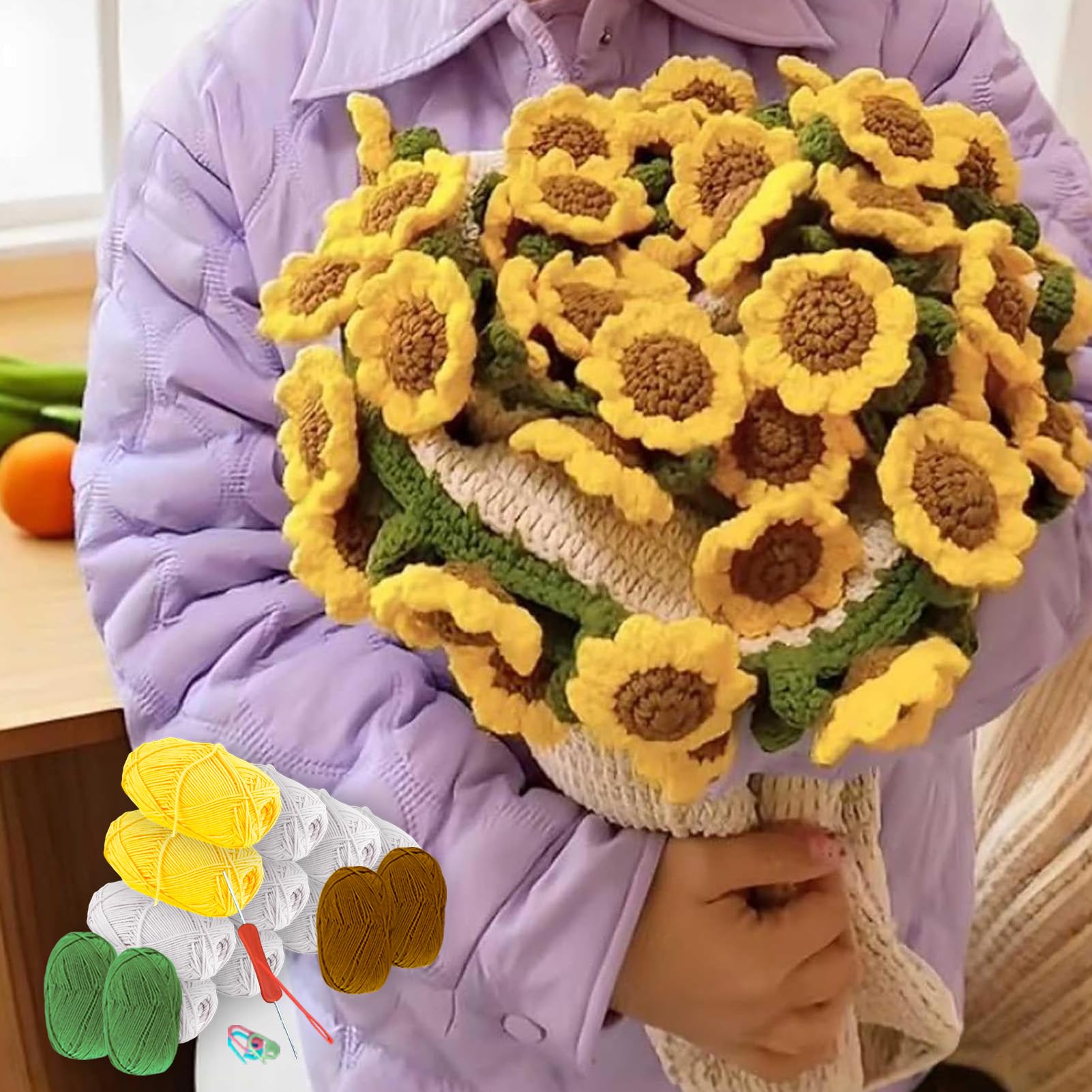 PATPAT® Flower Bouquet Blanket,Handmade DIY Crochet Flowers Blanket Sunflower Bouquet