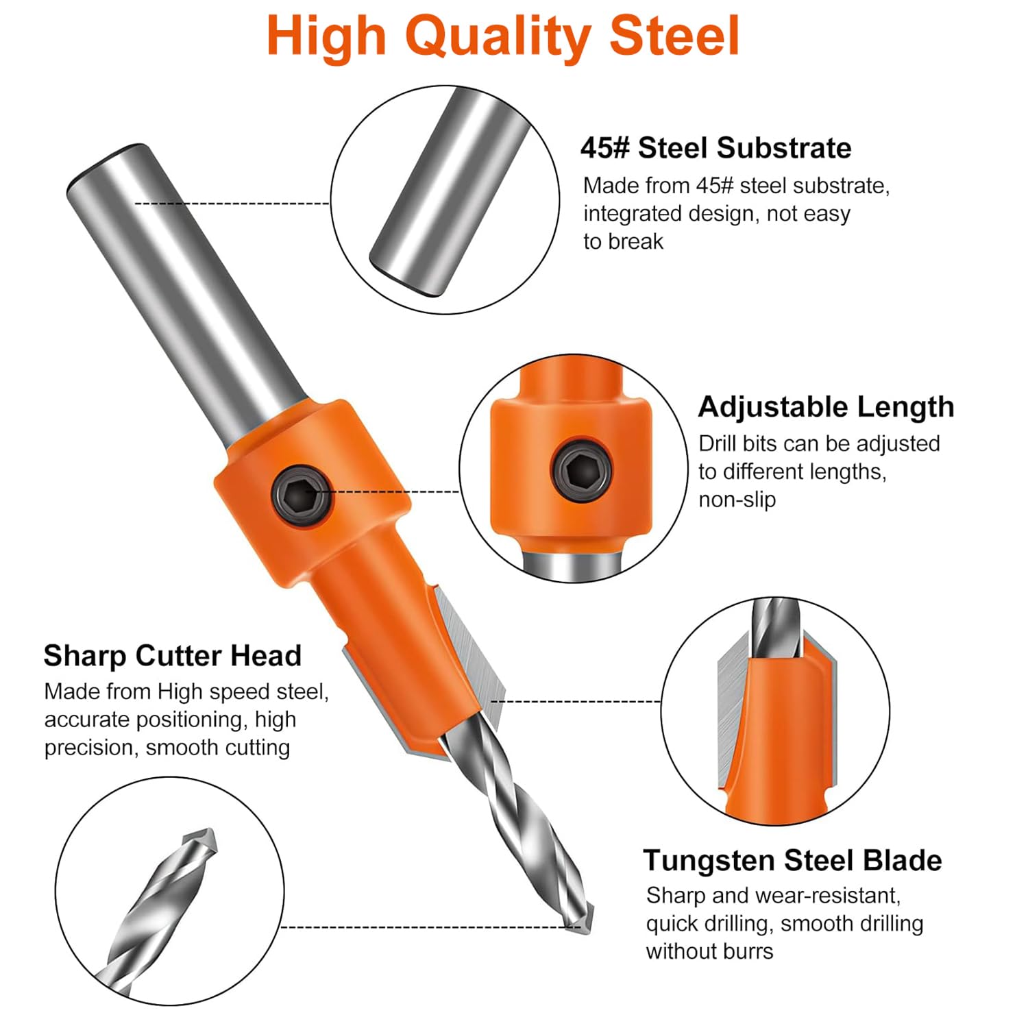 Serplex Countersink Drill Bit Set for Woodworking with 10 Pcs and 5 Extra Pilot Bits | #45 Carbon Steel