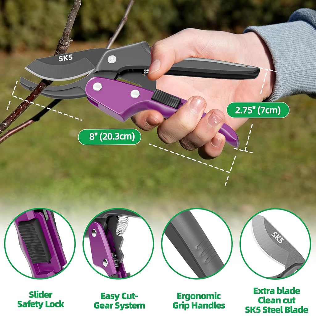 HASTHIP SK5 Gardening Scissors - 20CM Garden Pruning Shears - 5/6'' Bypass Hand Pruner Pruning Shears - Gardening Tools Suitable for Garde Plants, Shrubs, Flowers, Fruit Tree with Slider Safety Lock