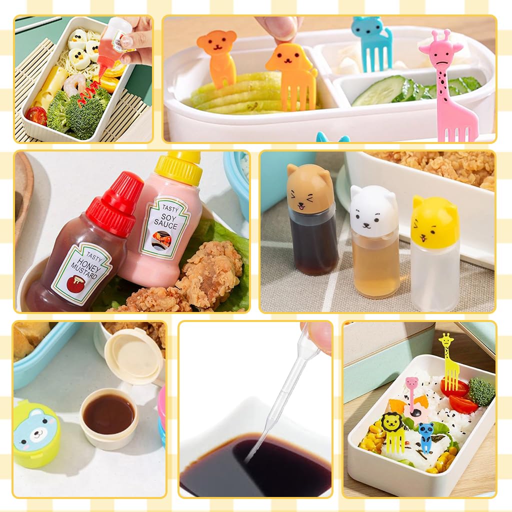 HASTHIP Mini Sauce Bottle Set for Lunch Boxes with 45pcs Assorted Jars and Fruit Forks | Portable Refillable Dispensers for Kids and Camping