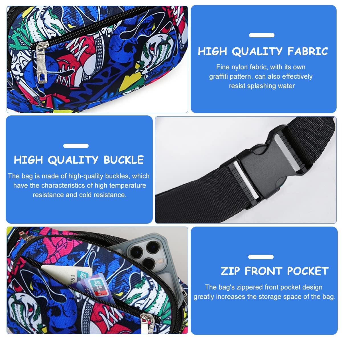 GUSTAVE Waist Bag for Outdoor Hiking with 3 Zipper Pockets 14.2×3.1×5.5 in Oxford Cloth | Adjustable Belt