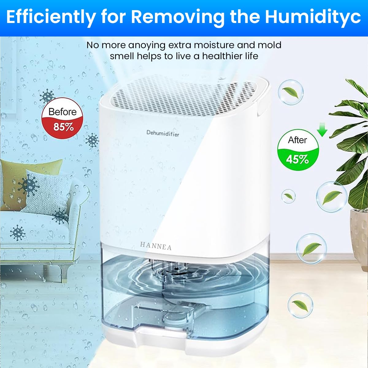 HANNEA Dehumidifier for Room with 1000ml Transparent Tank and Auto Shut Off | Up to 350ml Daily