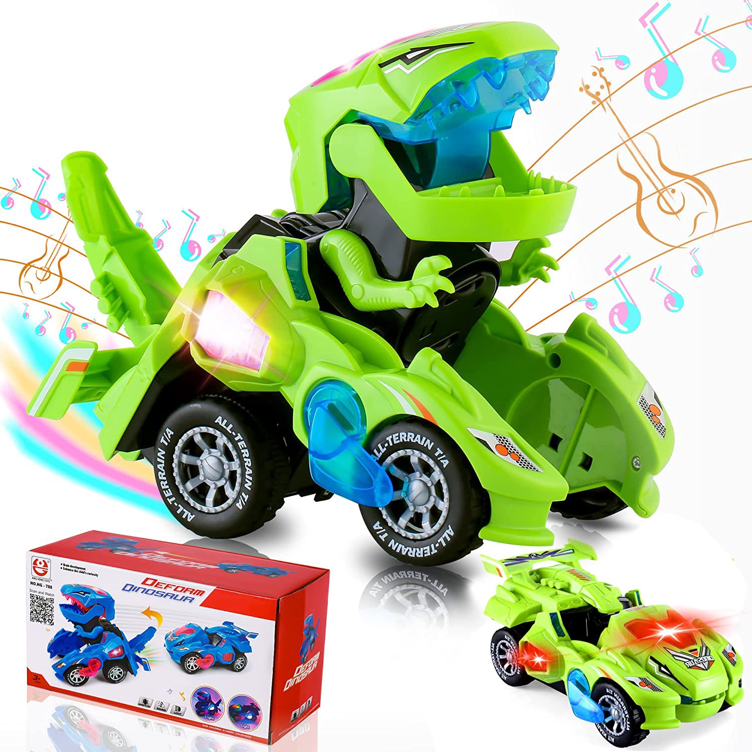 PATPAT® Transformers Toys Transforming Dinosaur Car Toys, Transforming Dinosaur LED Car with Light and Music, 2 in 1 Automatic Dinosaur Transformer Car Toy, Dinosaur Toys for Kids Boys Girls - Green