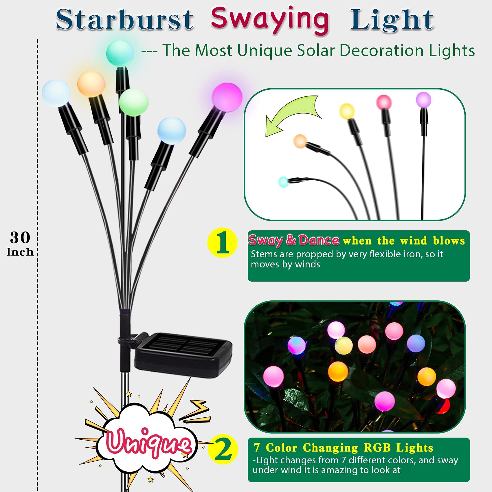 ELEPHANTBOAT Outdoor Solar Garden Lights 2 Pack Solar Powered 7 Color Changing RGB Lights with 12 Glowworm Lamp Swaying When Wind Blows Decorative Starburst Swaying Lights for Garden Patio Backyard