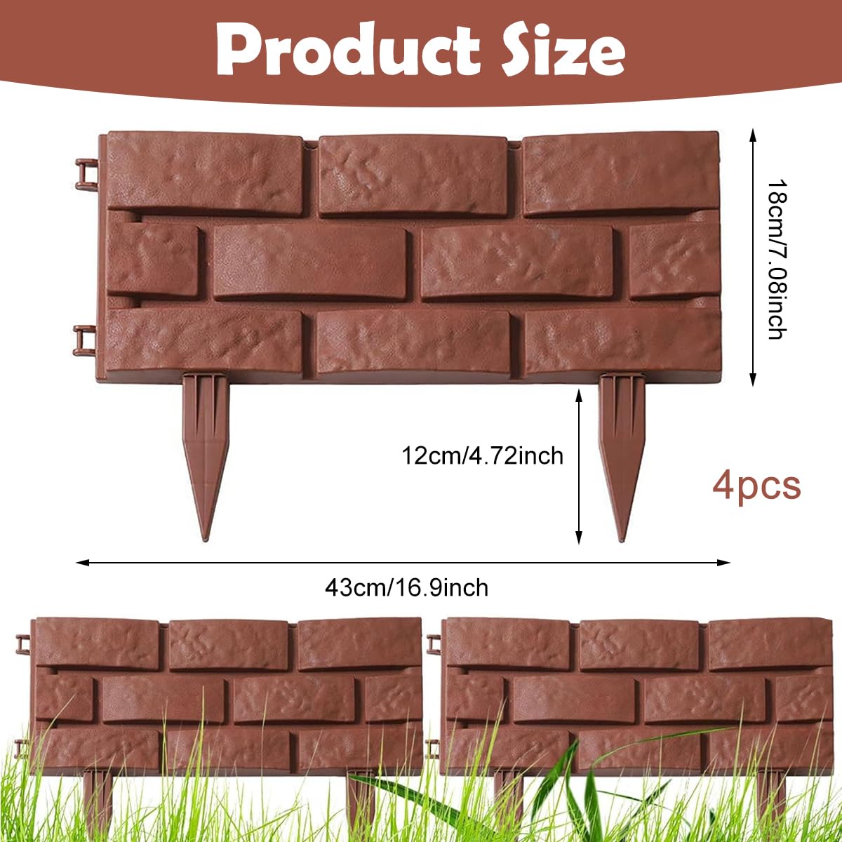 HASTHIP Garden Fence Border for Lawn and Pathway featuring Connectable Panels 43x18cm | Brown Plastic Decorative Edging