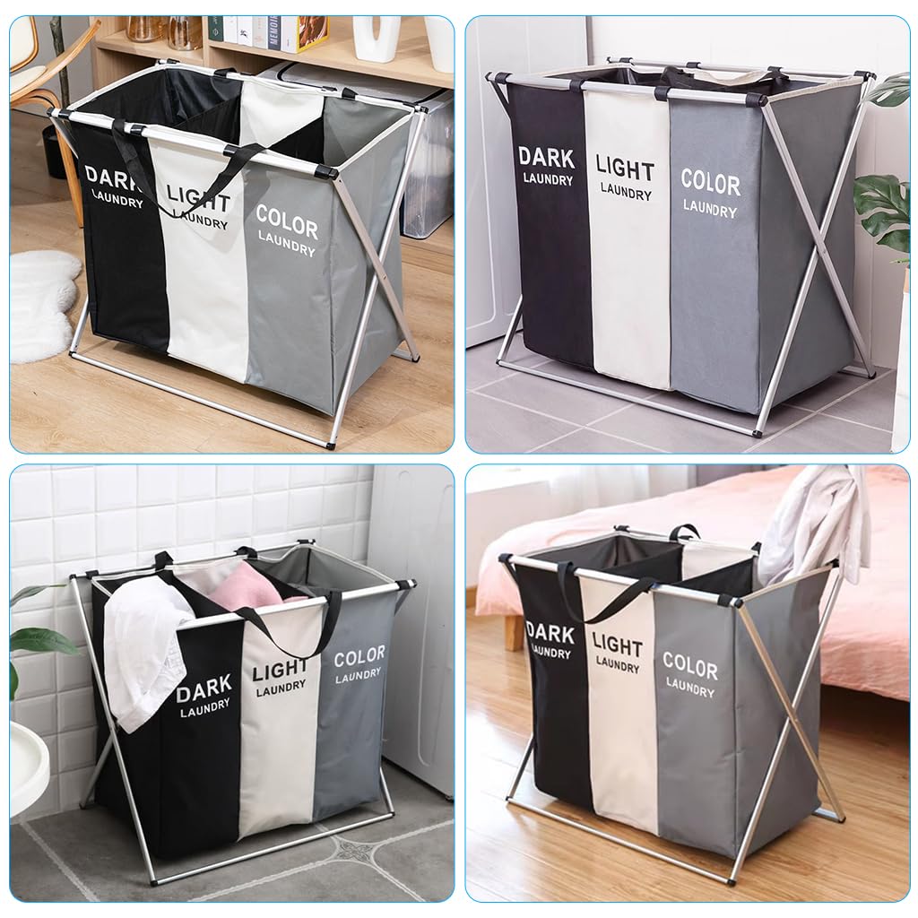 HASTHIP® Large Folding Laundry Basket with 3 Compartments - 600D Oxford Cloth, Reinforced Handles, Metal Frame, Dirty Clothes Hamper Bag for Bedroom Blanket Storage Organizer (64.5x37.5x58 cm)