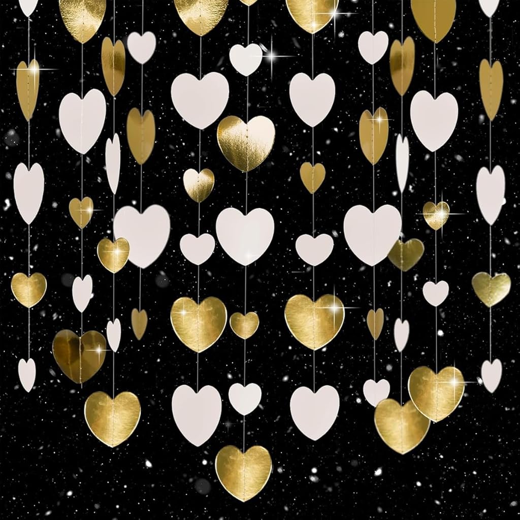 SNOWIE SOFT® White-Gold Champagne Party-Decorations, Heart Paper String Party Decorations For Wedding 4m/13ft  Heart Ring Wedding Paper Streamers Banner Gradient Banner Door Curtain Pendant