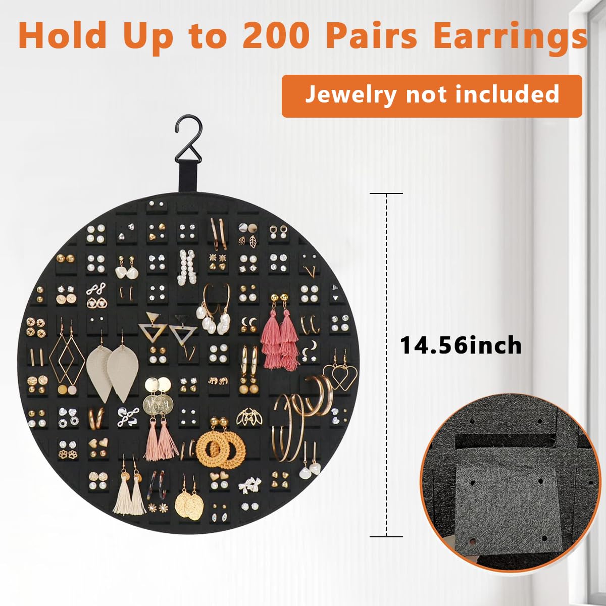 HASTHIP® Earrings Organizer Hanging Earrings Holder Hanger Wall Mount Soft Felt Round Earring Stand for Display Jewelry Organizer - Hold up to 200 Pairs Earrings, Dark Grey