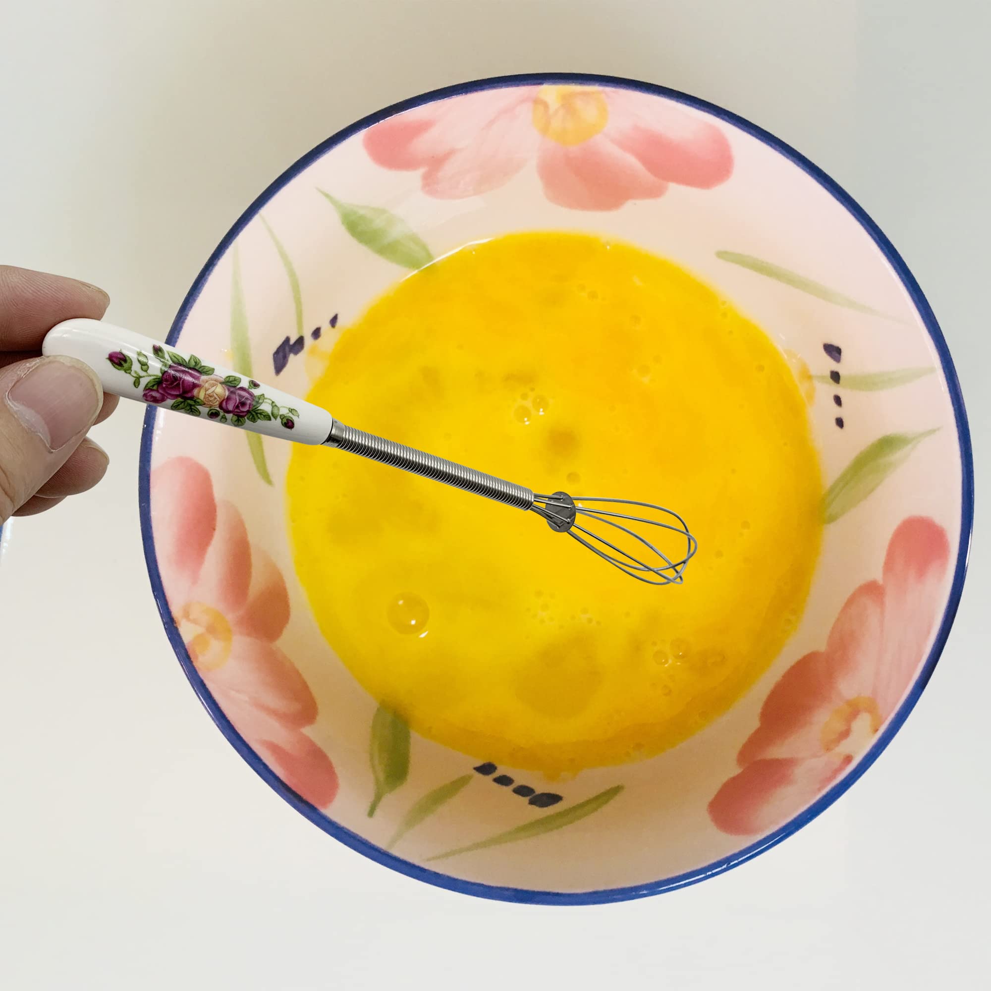 ZIBUYU Hand Whisk for Kitchen featuring Ceramic Handle with Floral Print 7 in | Stainless Steel