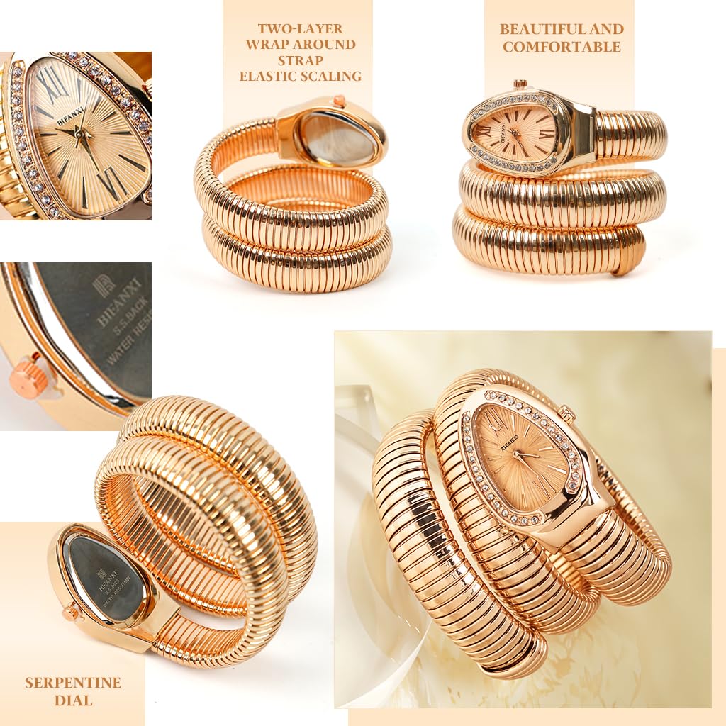 SANNIDHI Serpentine Wrap Wristwatch for Women with Quartz Movement and Rose Golden Rhinestones | Stainless Steel Coiled Bangle Jewelry Gift 2 PCS