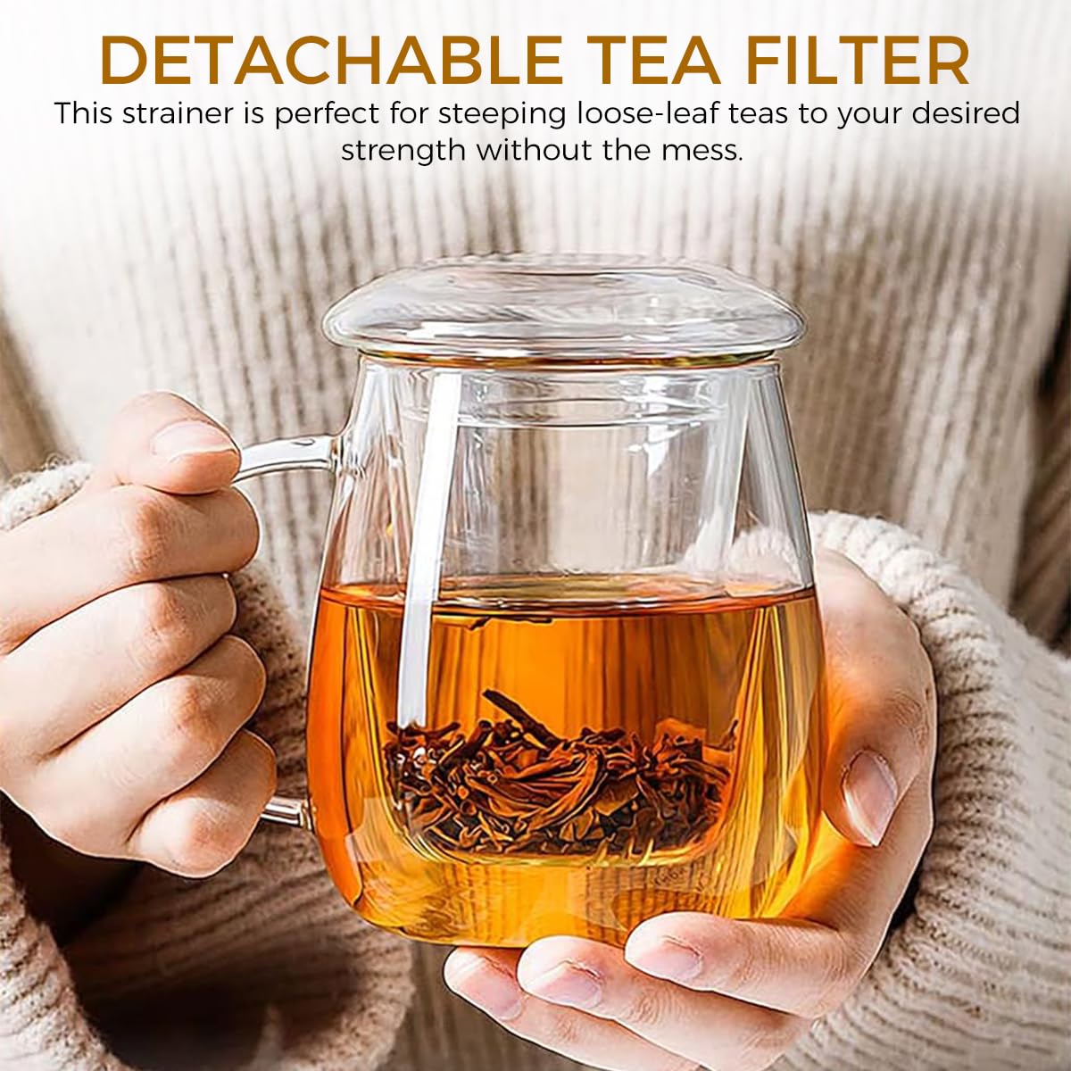 Supvox Glass Tea Cup for Loose Tea featuring Detachable Infuser and Lid Tray 17oz Borosilicate