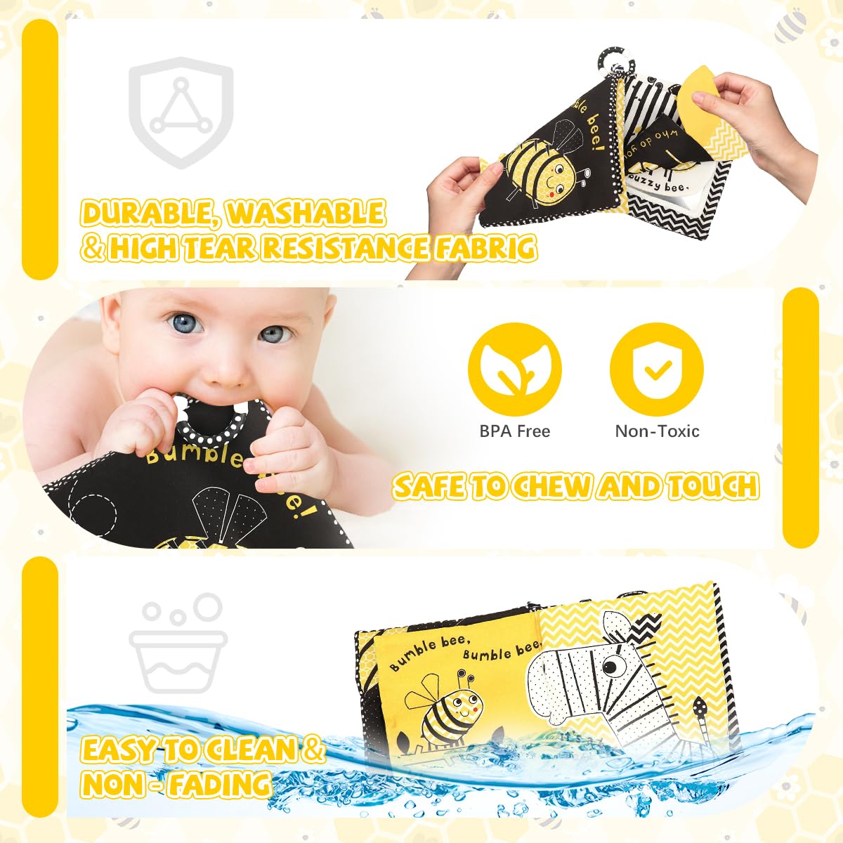 SNOWIE SOFT Cartoon Bee Cloth Books for Babies with Mirror and Crinkle Pages | 2 PCS Washable Non-Toxic Sensory Toy