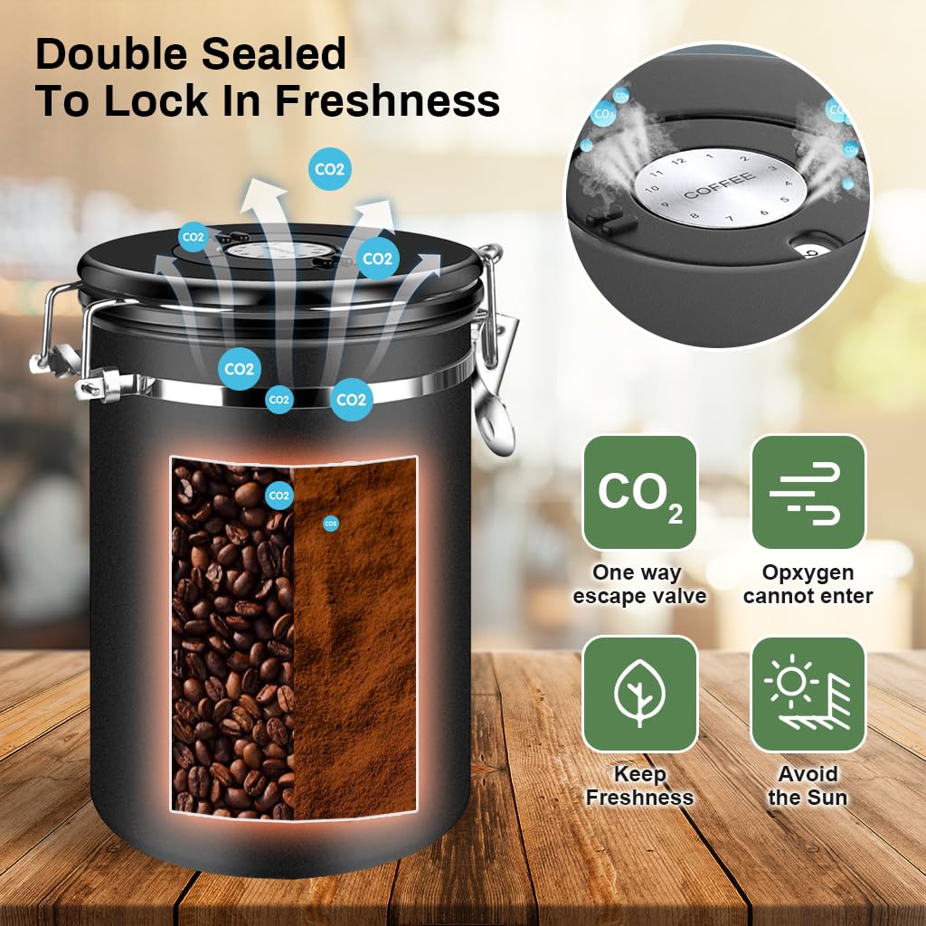 Supvox® Coffee Bean Canister 63Oz/1.8L Airtight 304 Stainless Steel Kitchen Food Container Food Storage Can with Built in Date Tracker & Clear Window Canister Food Can for Coffee, Sugar, Tea, Flour