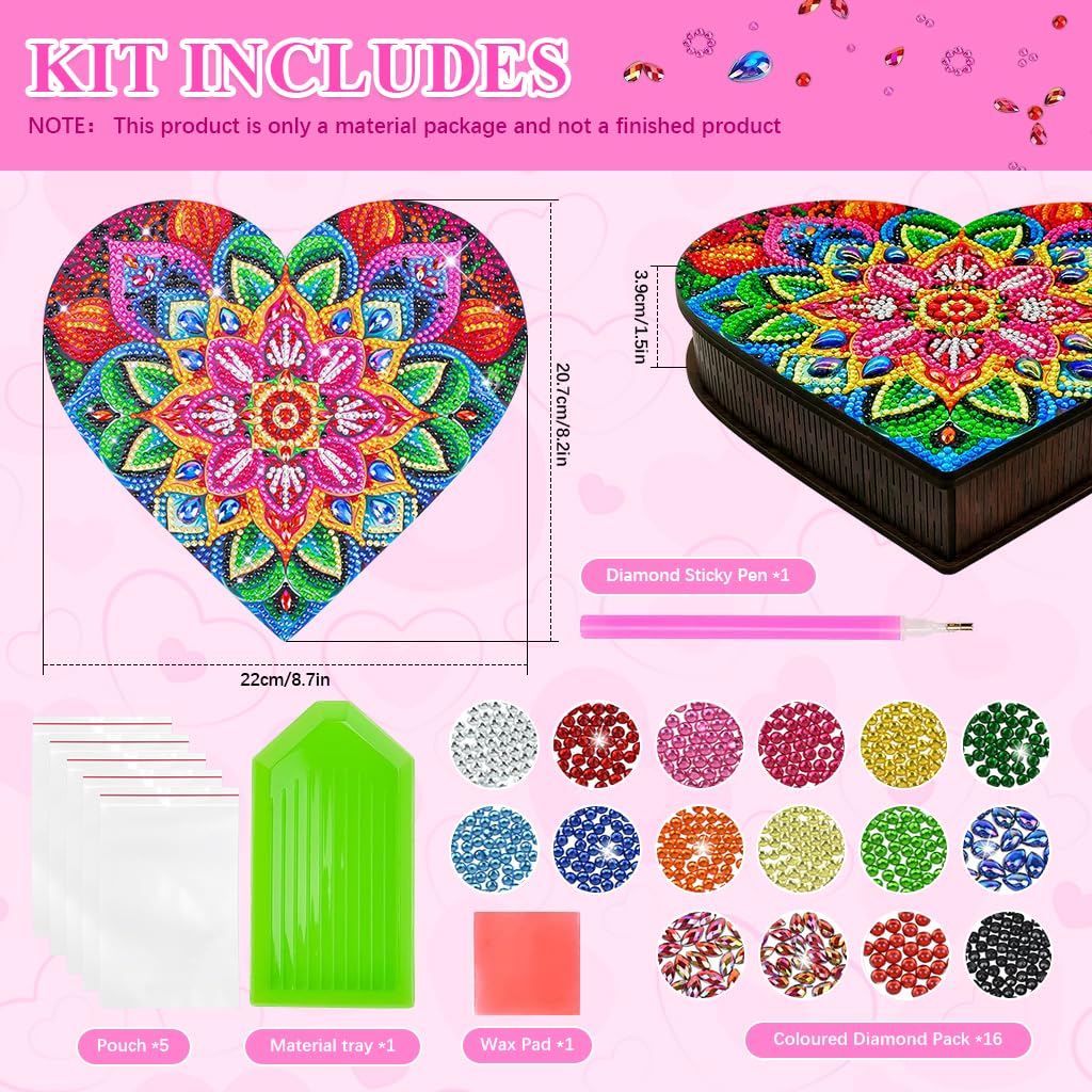 HASTHIP DIY Diamond Paint Art Kit for Heart Jewelry Box featuring 22x20x4 cm Wooden Organizer