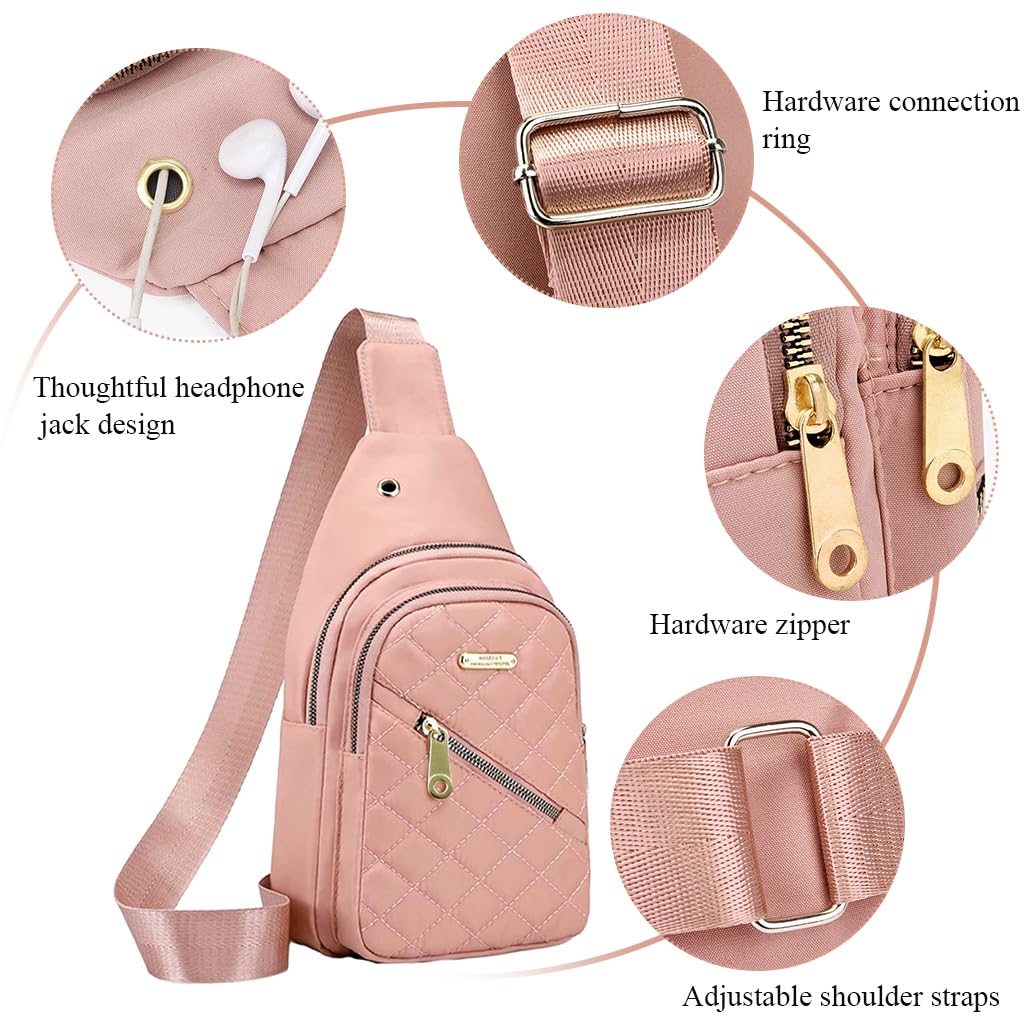 PALAY Crossbody Sling Bag for Women with 3 Zipper Pockets and Earphone Cable Hole | Pink Oxford Cloth Shoulder Bag 17x5x30cm