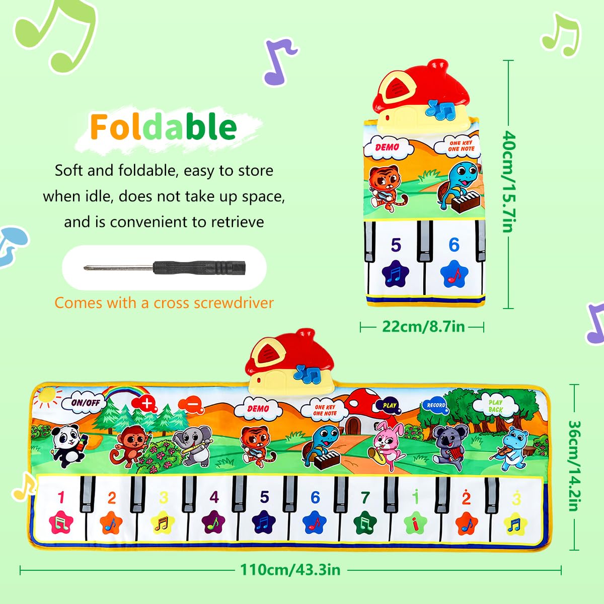 PATPAT Piano Keyboard Musical Mat for Kids with 8 Animal Sounds and 43.3x14.2in Foldable Design | Educational Toy for Ages 1–6