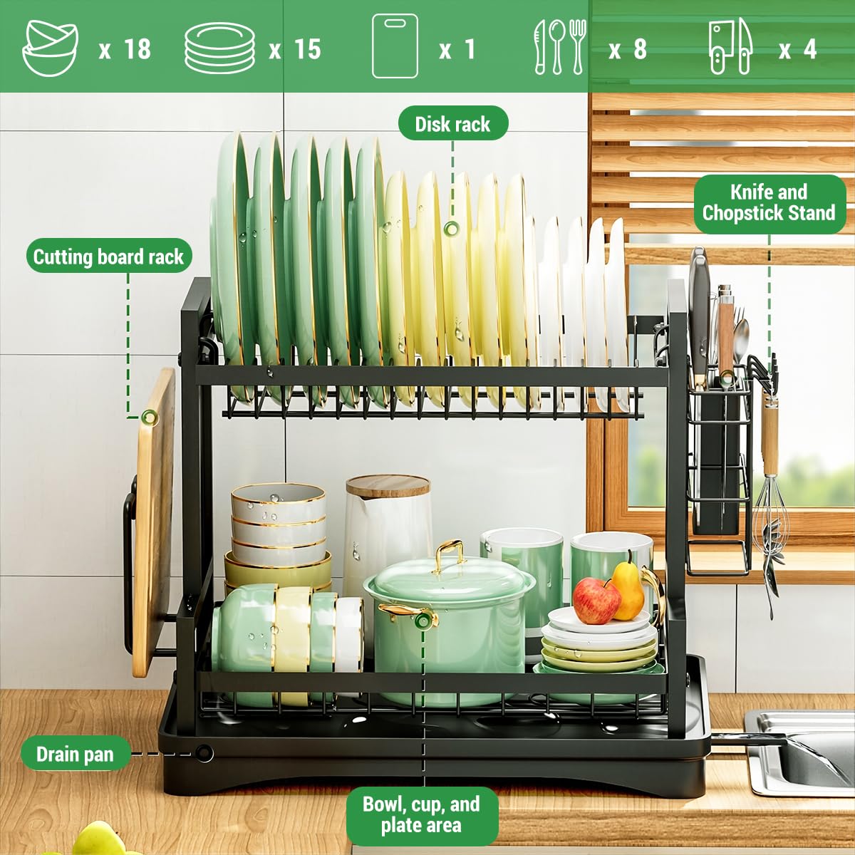 HASTHIP Double Layer Kitchen Dish Rack with Drip Tray and Chopping Board Holder 42x31x33cm